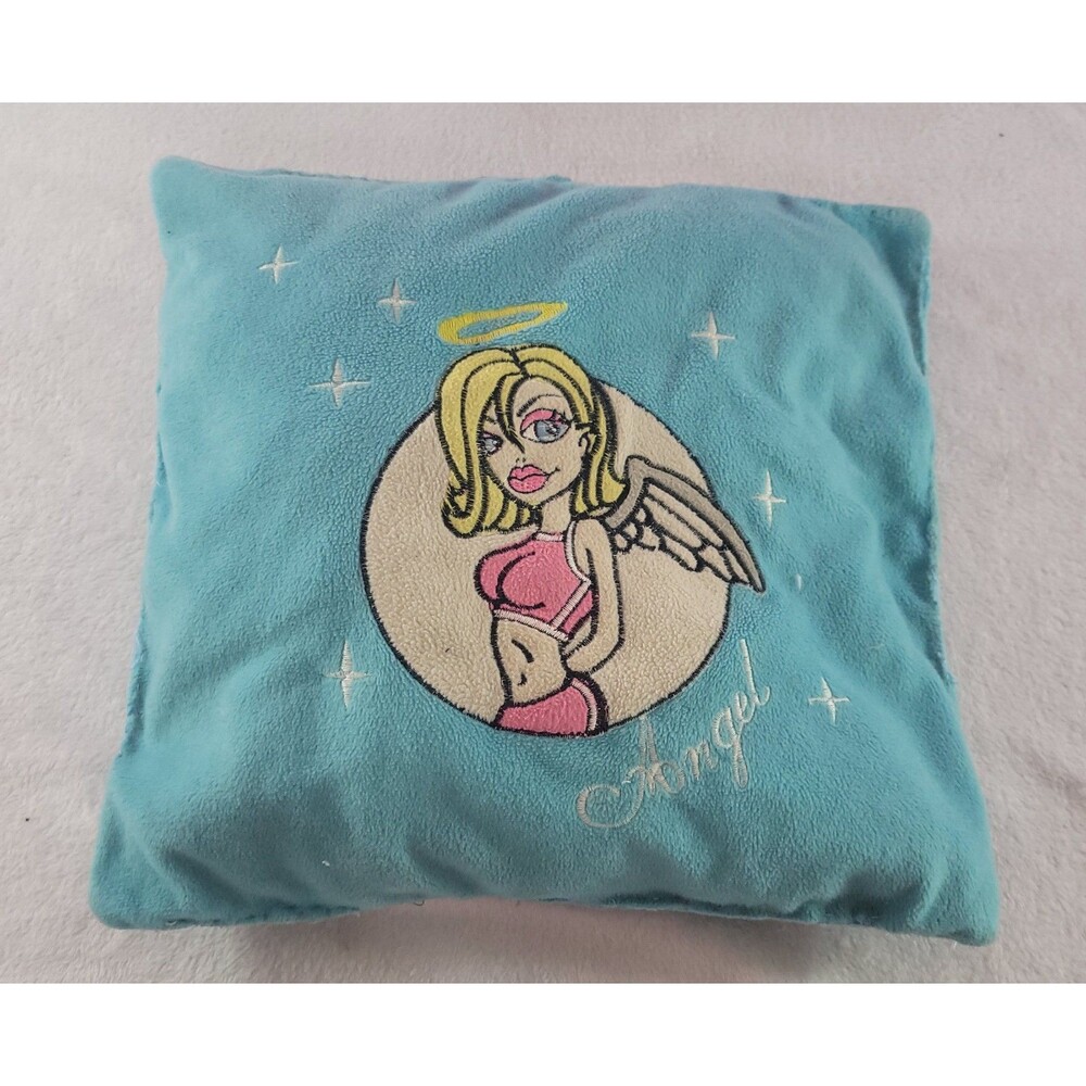 Y2K Blue Angel Plush Pillow 15x15 Embroidered Blonde Aesthetic Fleece Star Decor